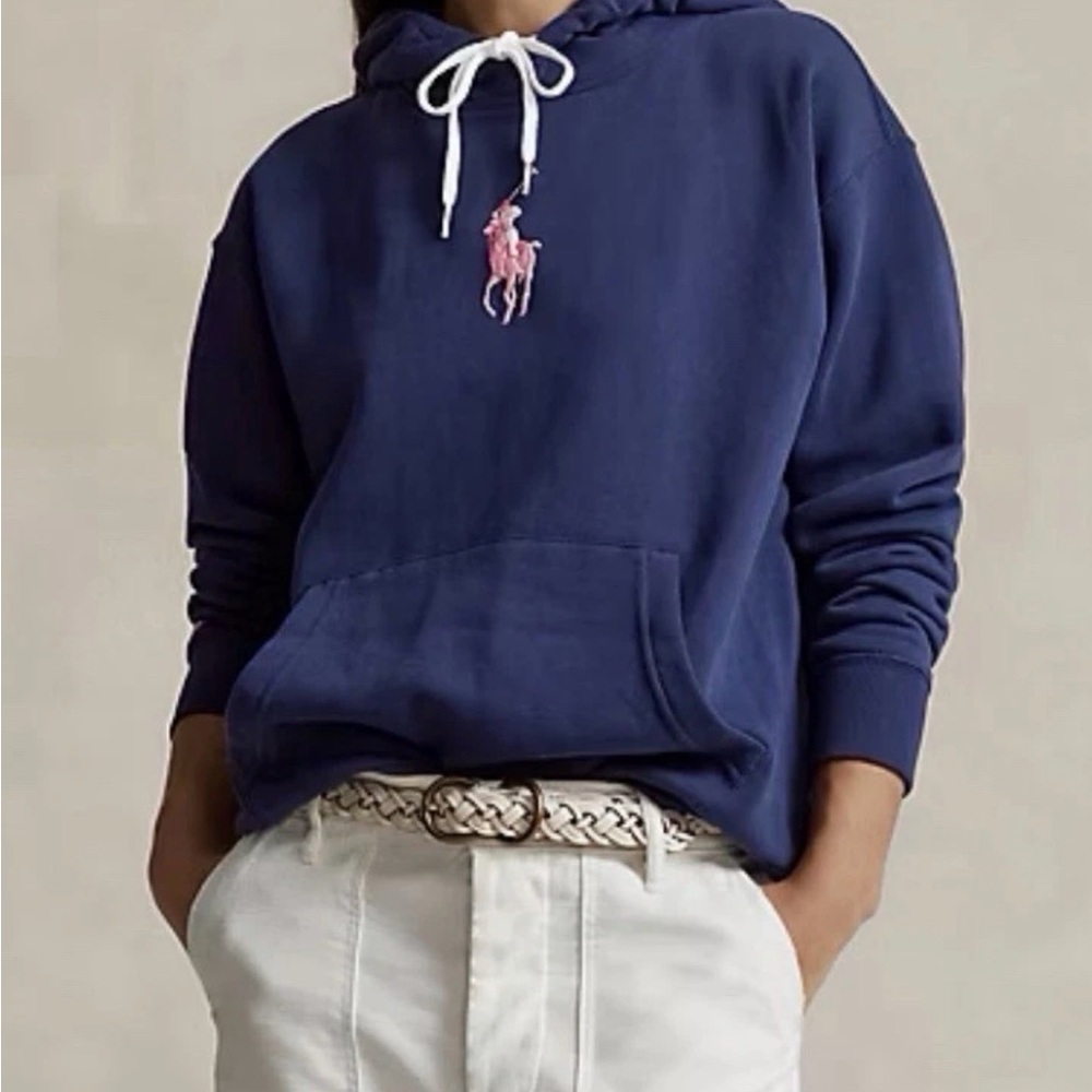 Polo by Ralph Lauren Navy Hoodie with Pink Pony Embroidery - Picture 2 of 4